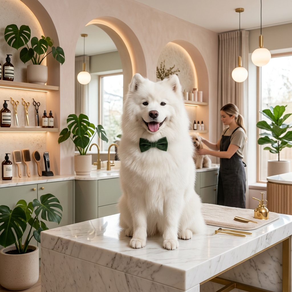 Happy groomed Samoyed dog